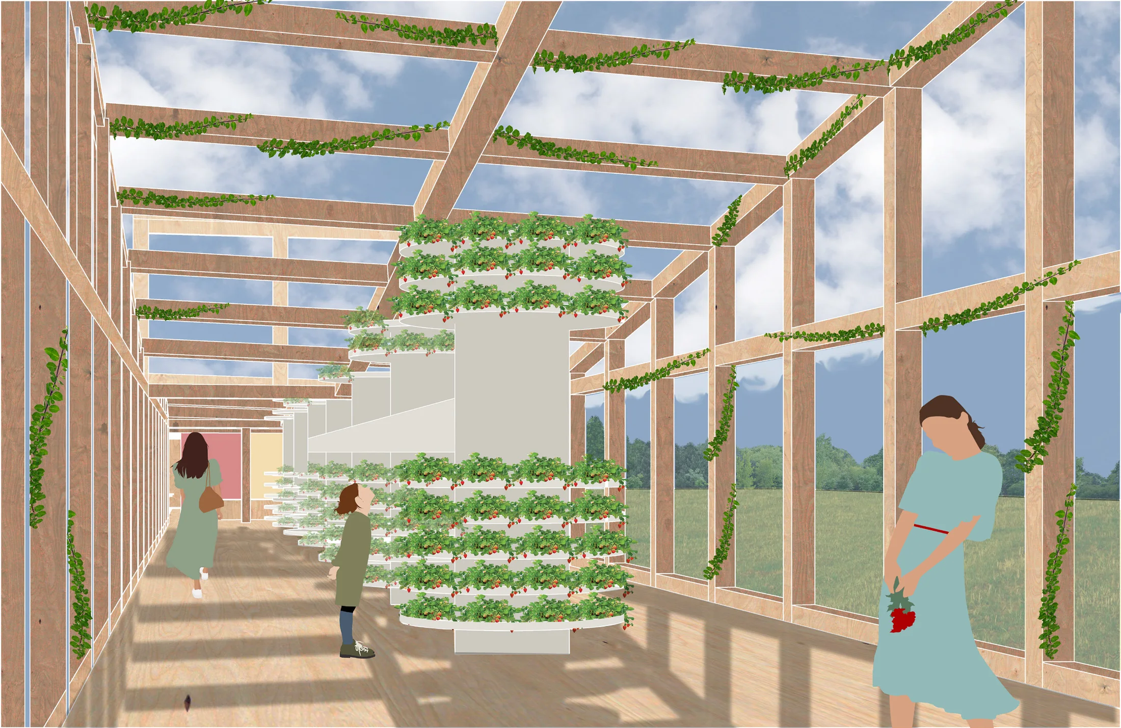 Timber-framed community greenhouse interior with vertical planting