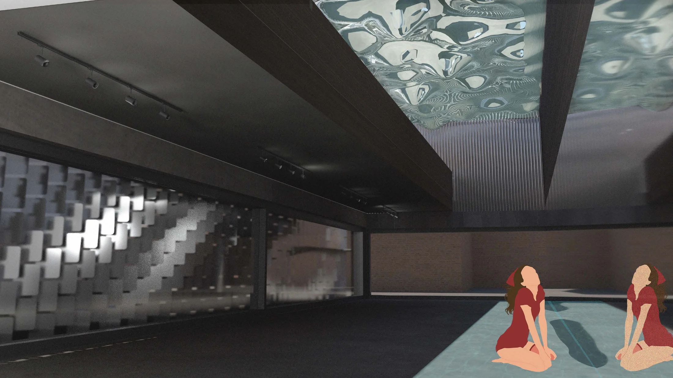 Concrete performance space animated by water, light and a framed tree