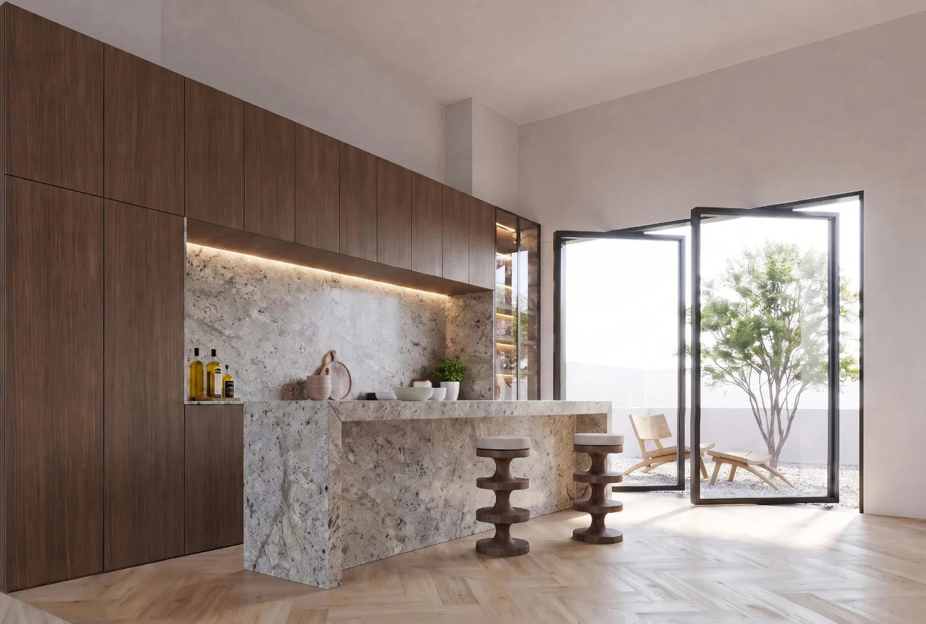 Warm timber and marble dry kitchen in a Dhaka penthouse