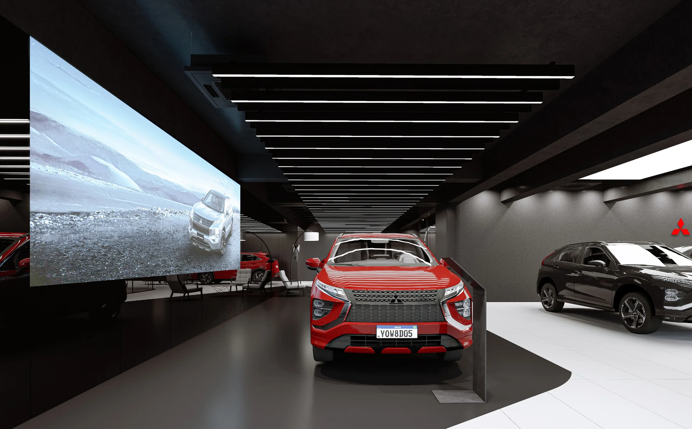 Black Mitsubishi showroom with illuminated car display