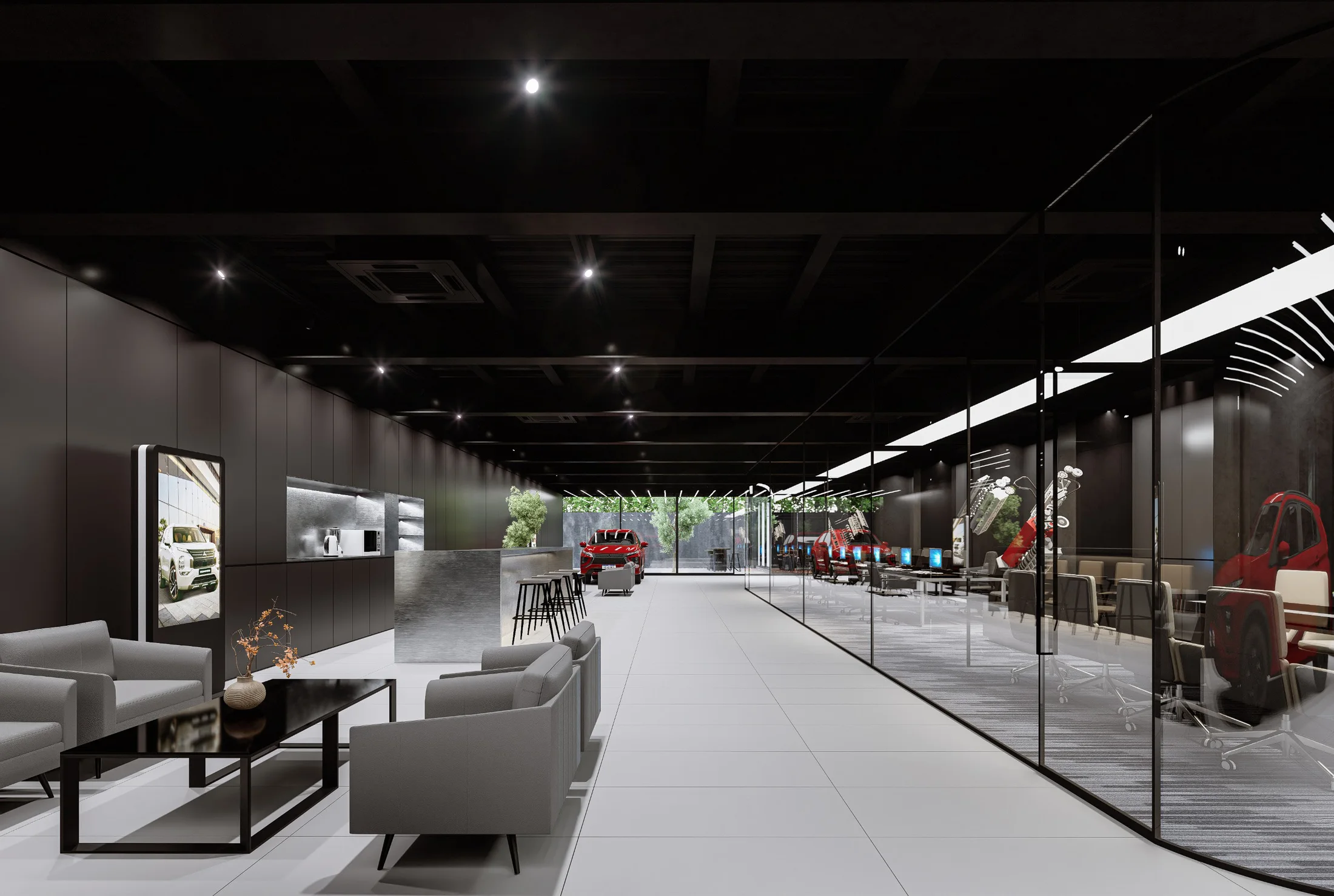 Dark, linear Mitsubishi showroom interior