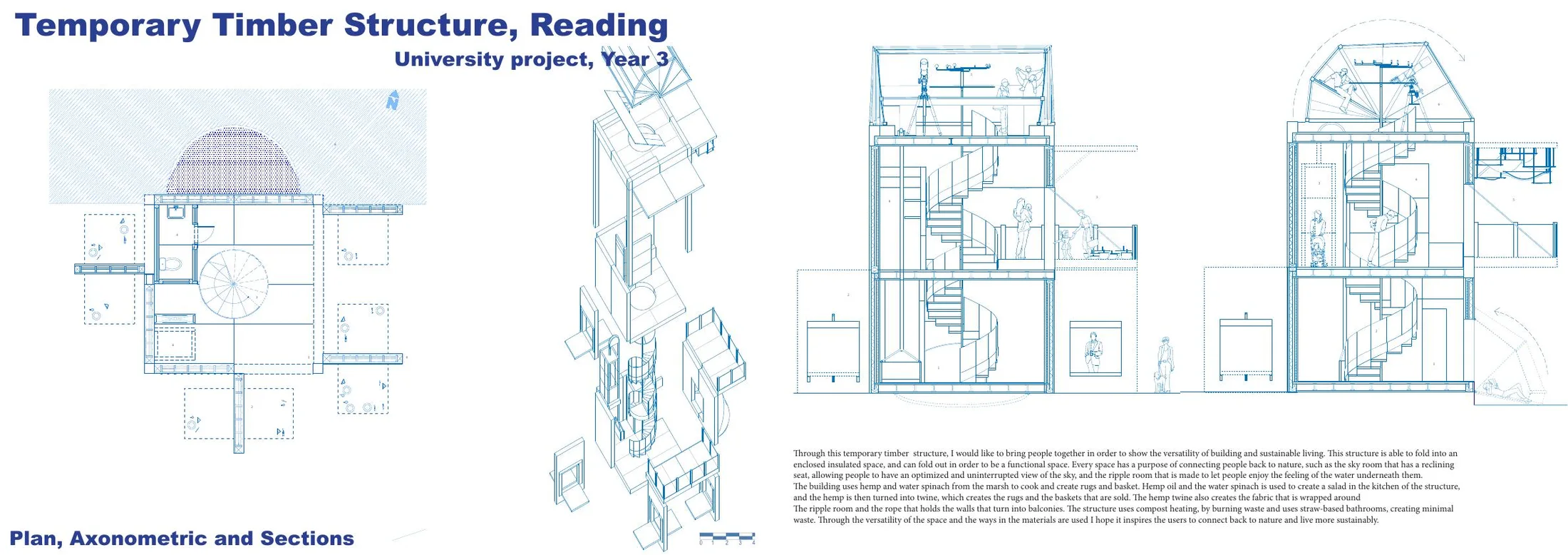 Architectural drawings for a foldable temporary timber structure