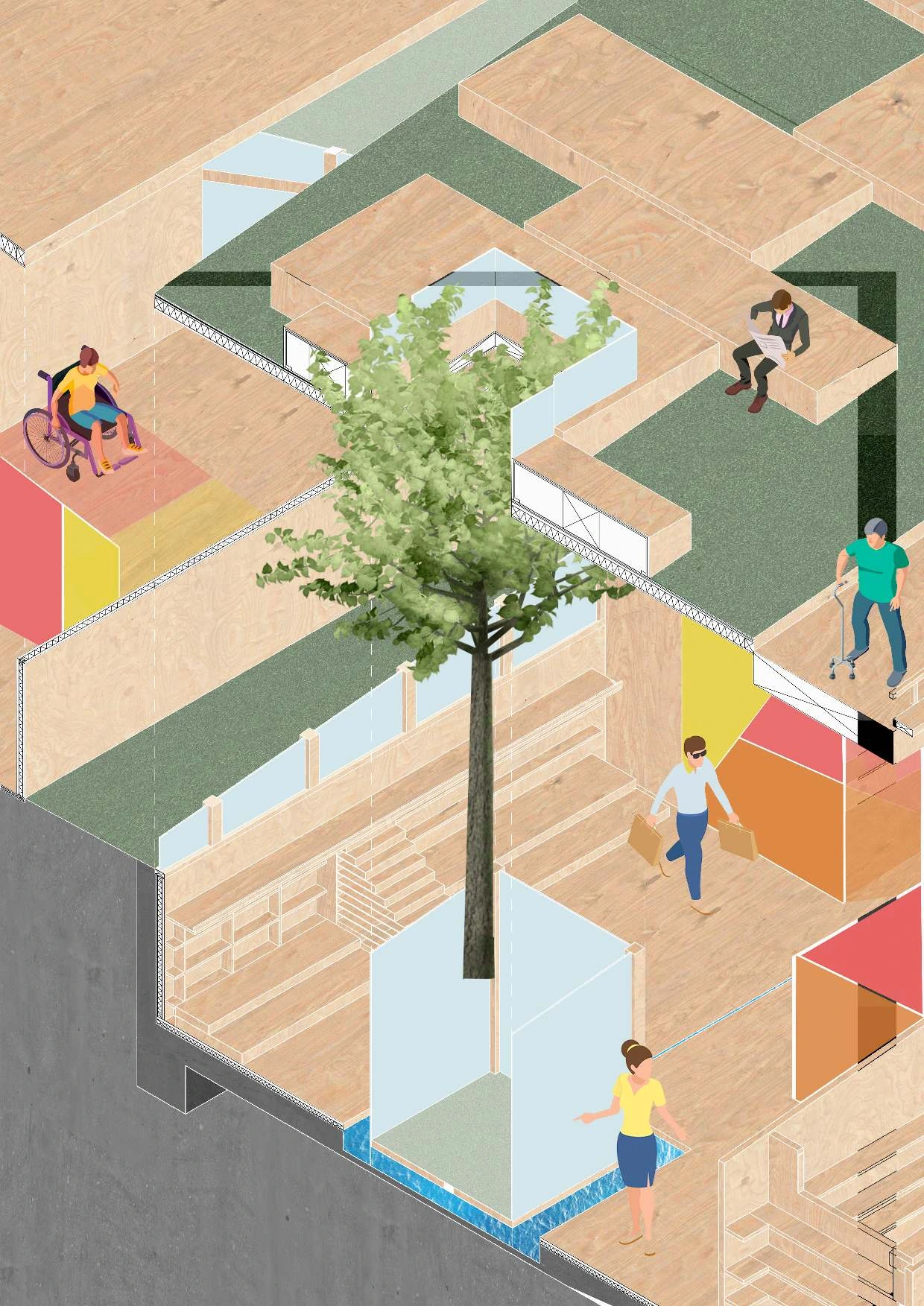Internal axonometric drawing of the timber Community Farming Centre with accessible circulation and planting.