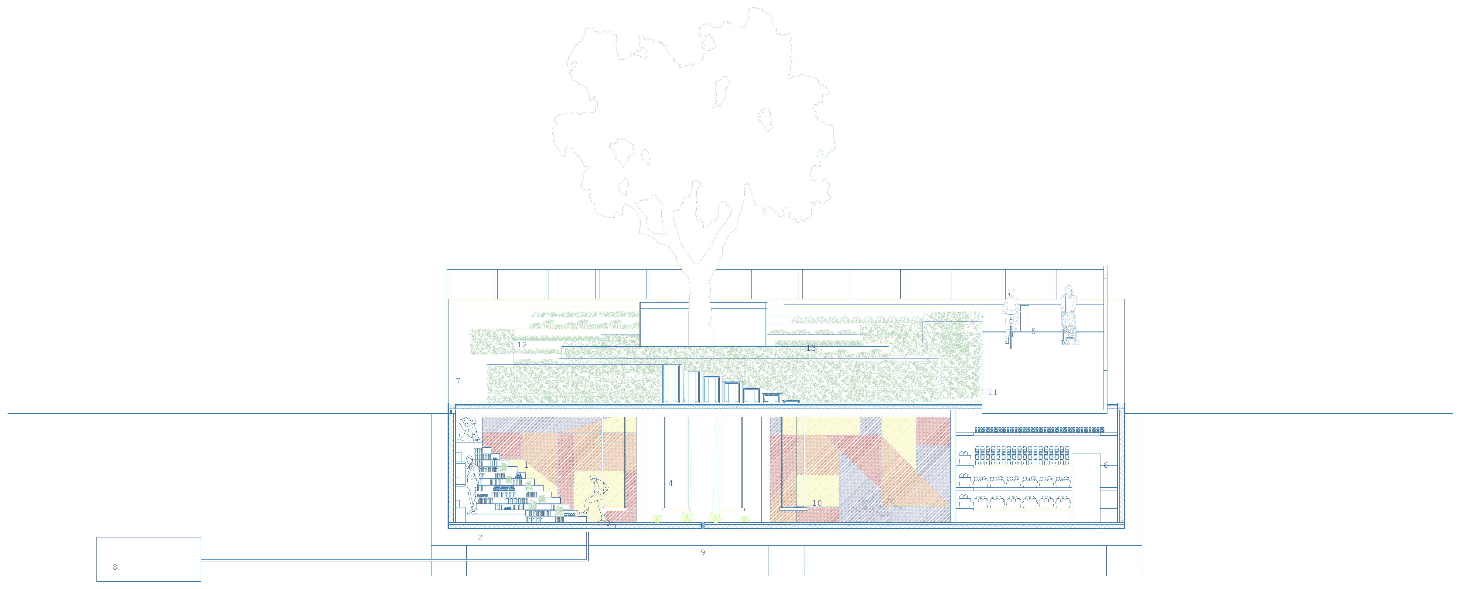 Short building section through the Community Farming Centre.