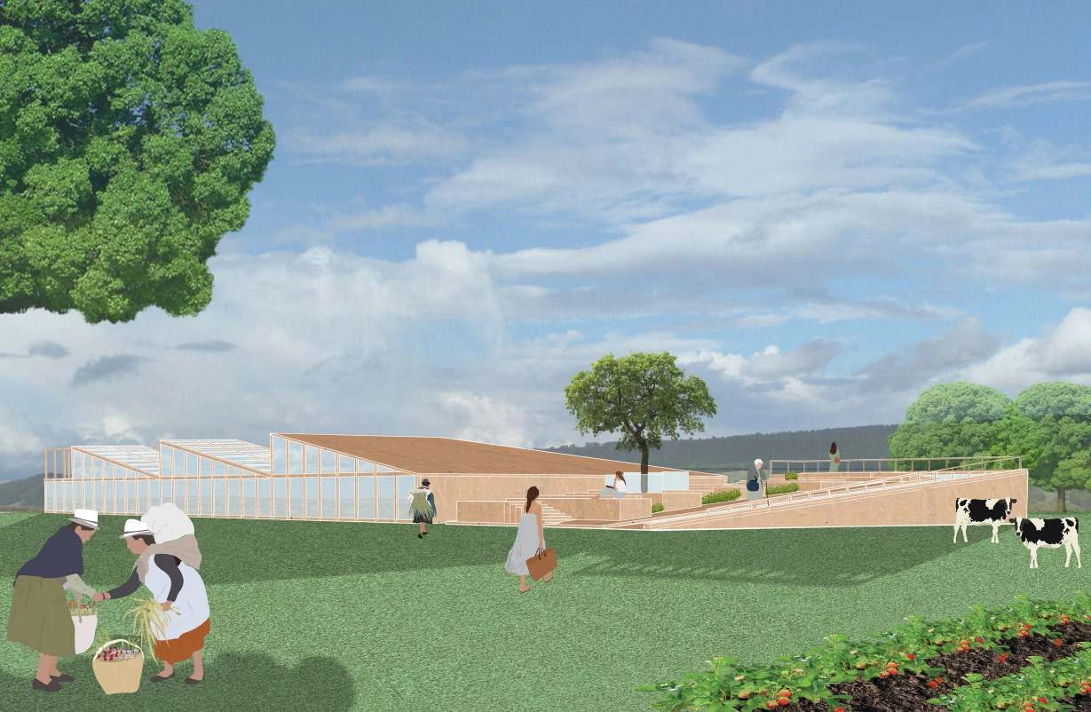 External perspective of the Community Farming Centre set low in the agricultural landscape.