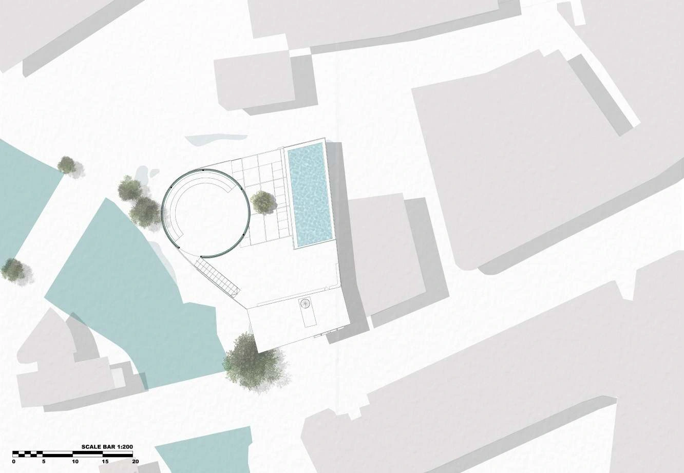Third-floor plan with the circular performance volume and roof-level pool.