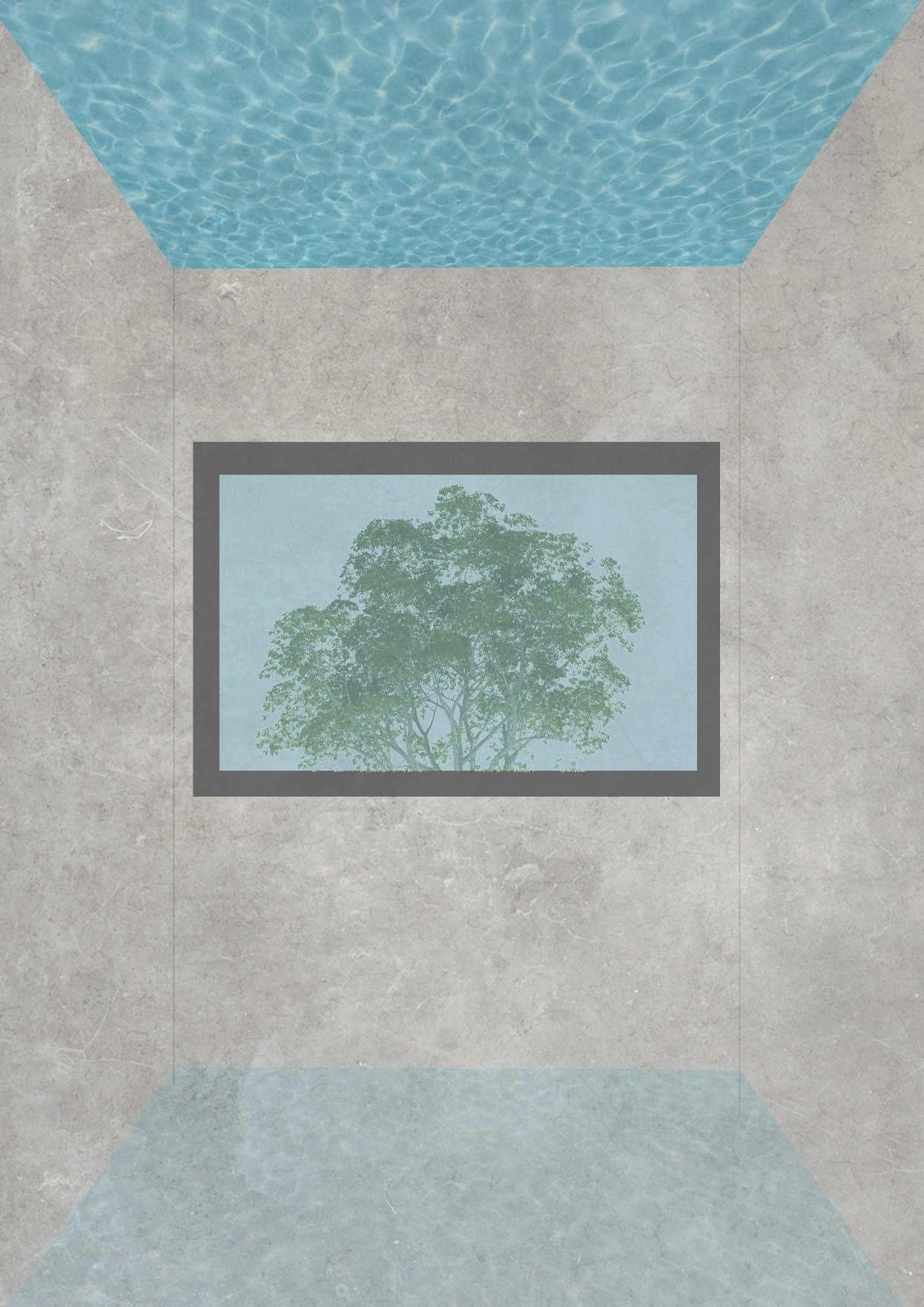 Concrete interior atmosphere collage with water overhead, reflected light and a framed tree view.