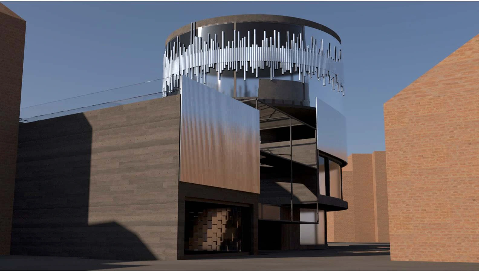 Exterior render of the dance studio's circular upper volume and kinetic aluminium facade.