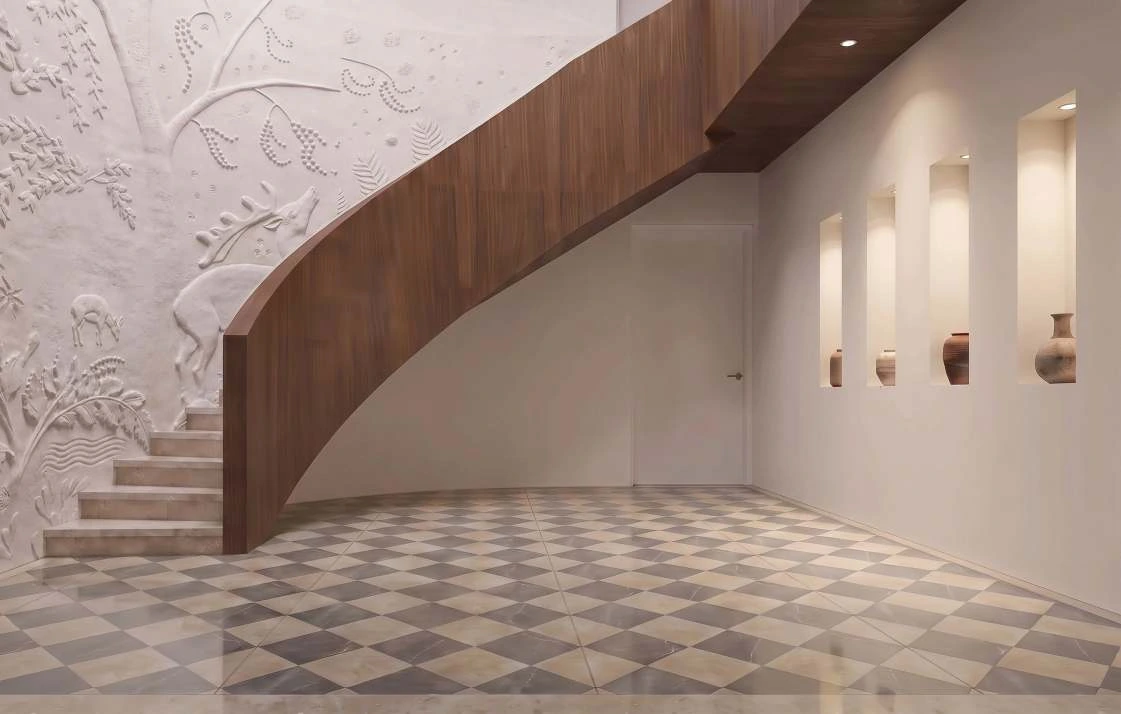 Private residence reception render with a curved timber stair, relief mural and chequered marble floor.