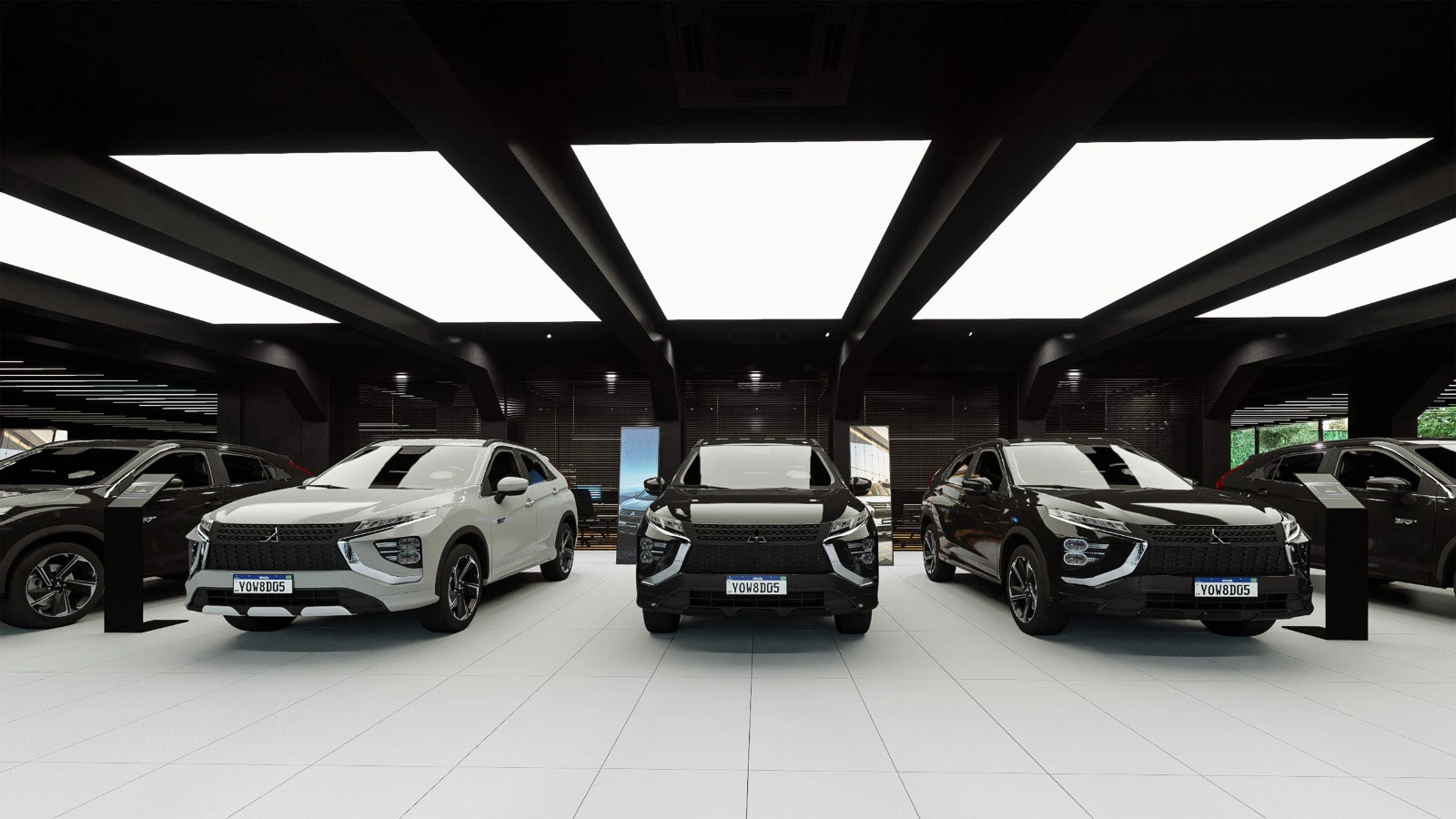 Mitsubishi showroom render with five vehicles beneath a geometric illuminated ceiling.