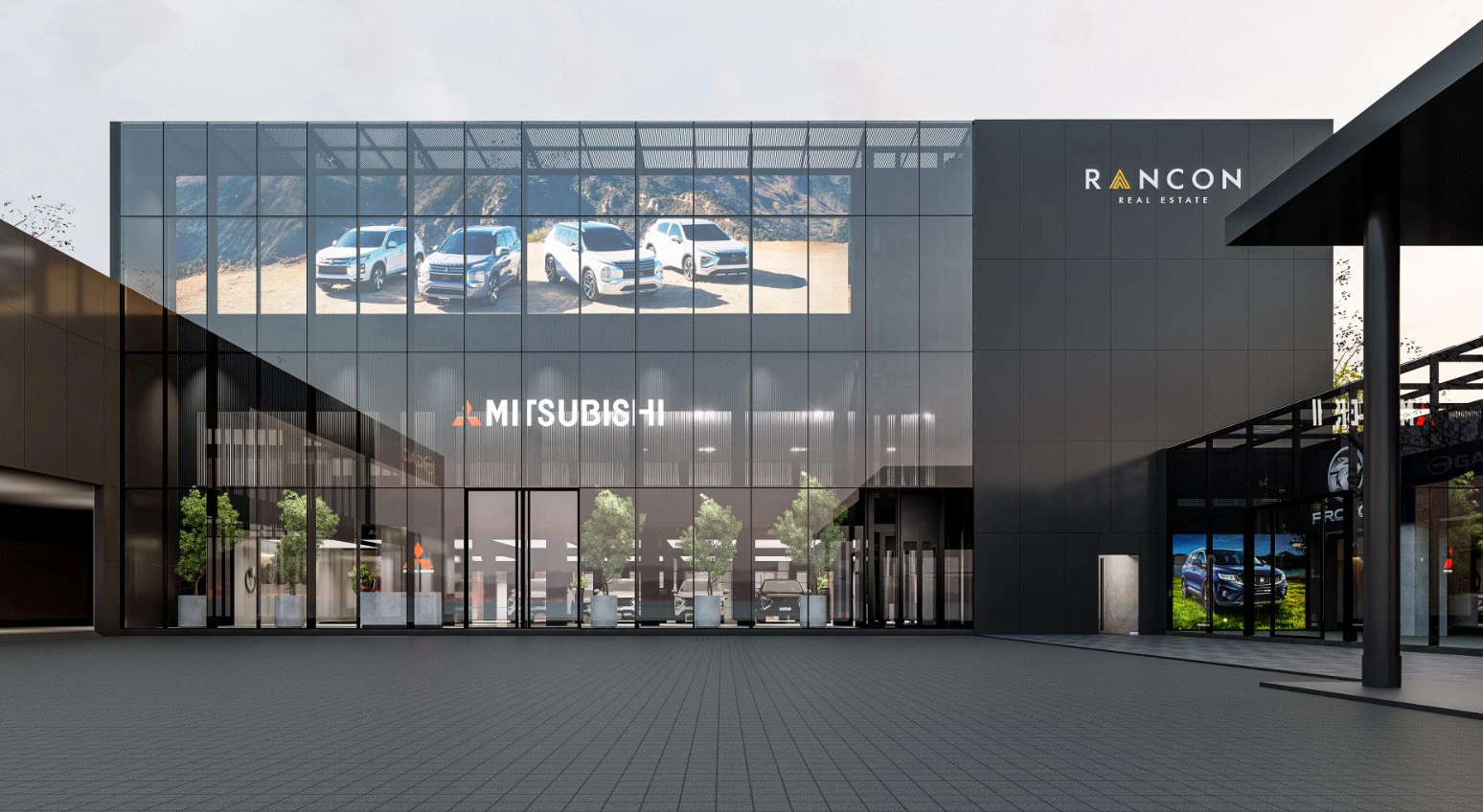 Exterior render of the dark Mitsubishi showroom facade with full-height glazing and display screen.