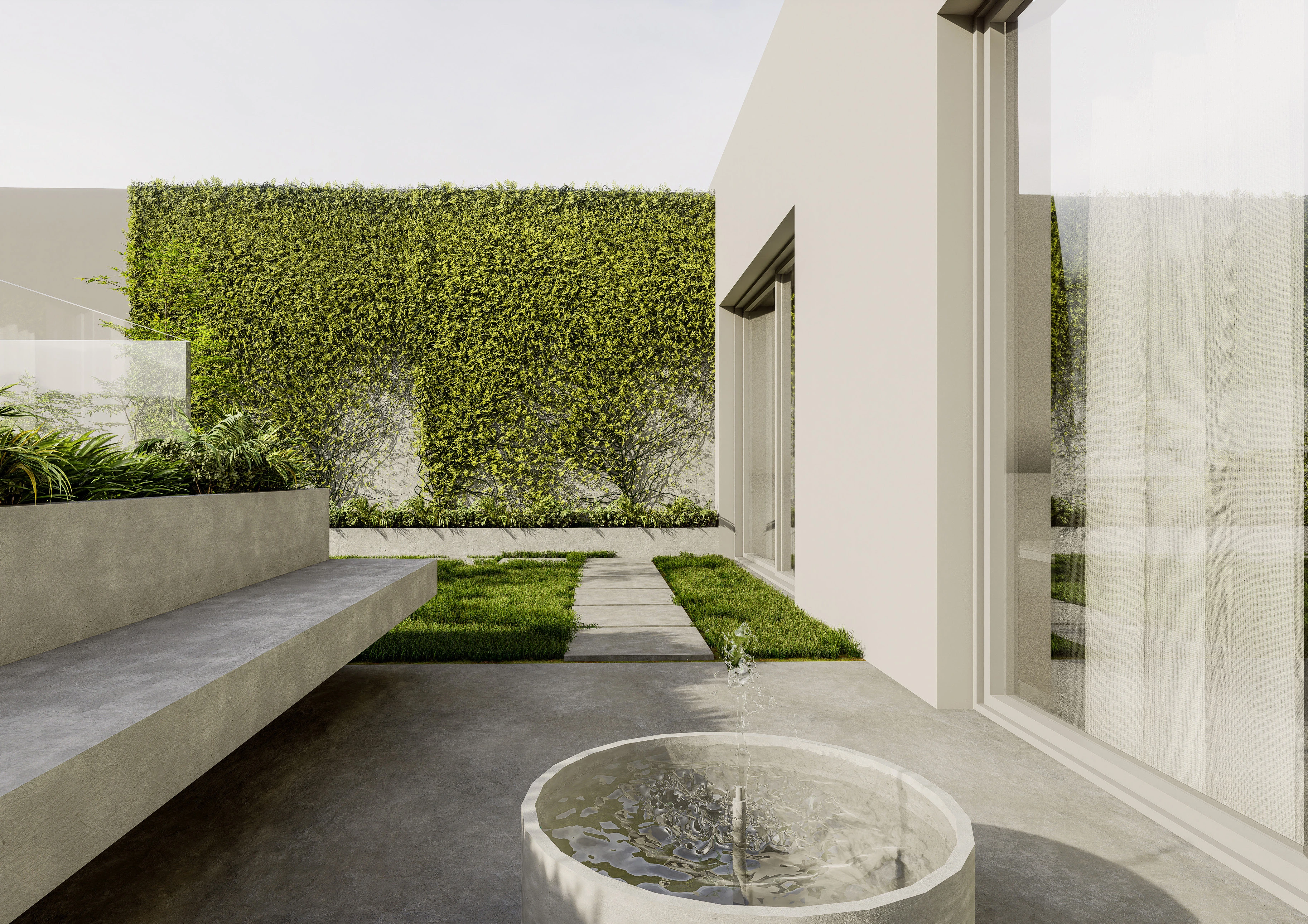 Minimal roof garden render with green wall, concrete bench, stepping stones and circular water feature.